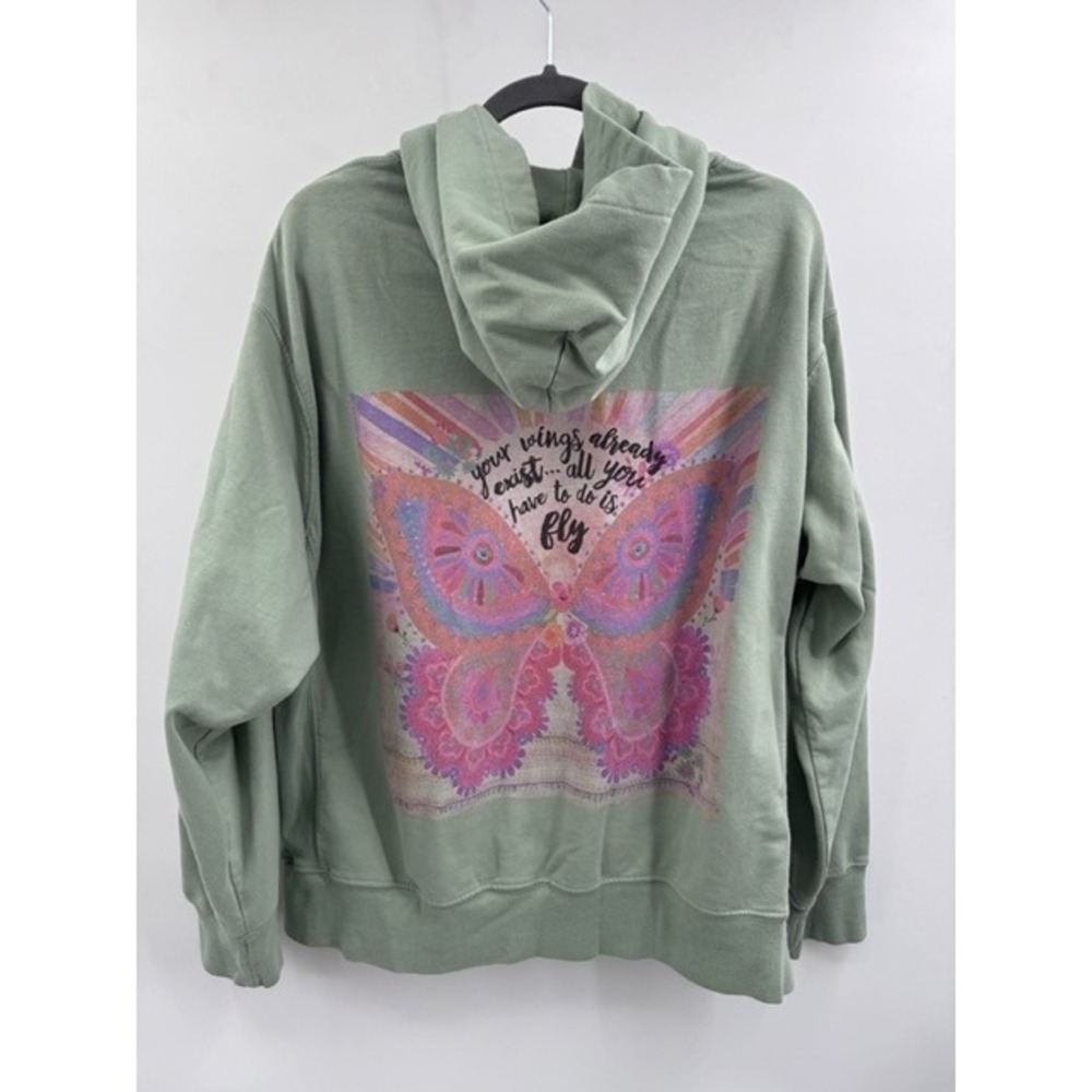Natural Life Sage Green Butterfly Graphic Hoodie Sweatshirt XL Boho Cottage